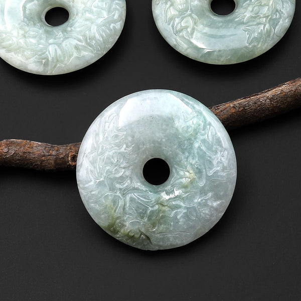 AAA Translucent Gemmy Hand Carved Natural Burma Green Jade Donut Pendant 38mm