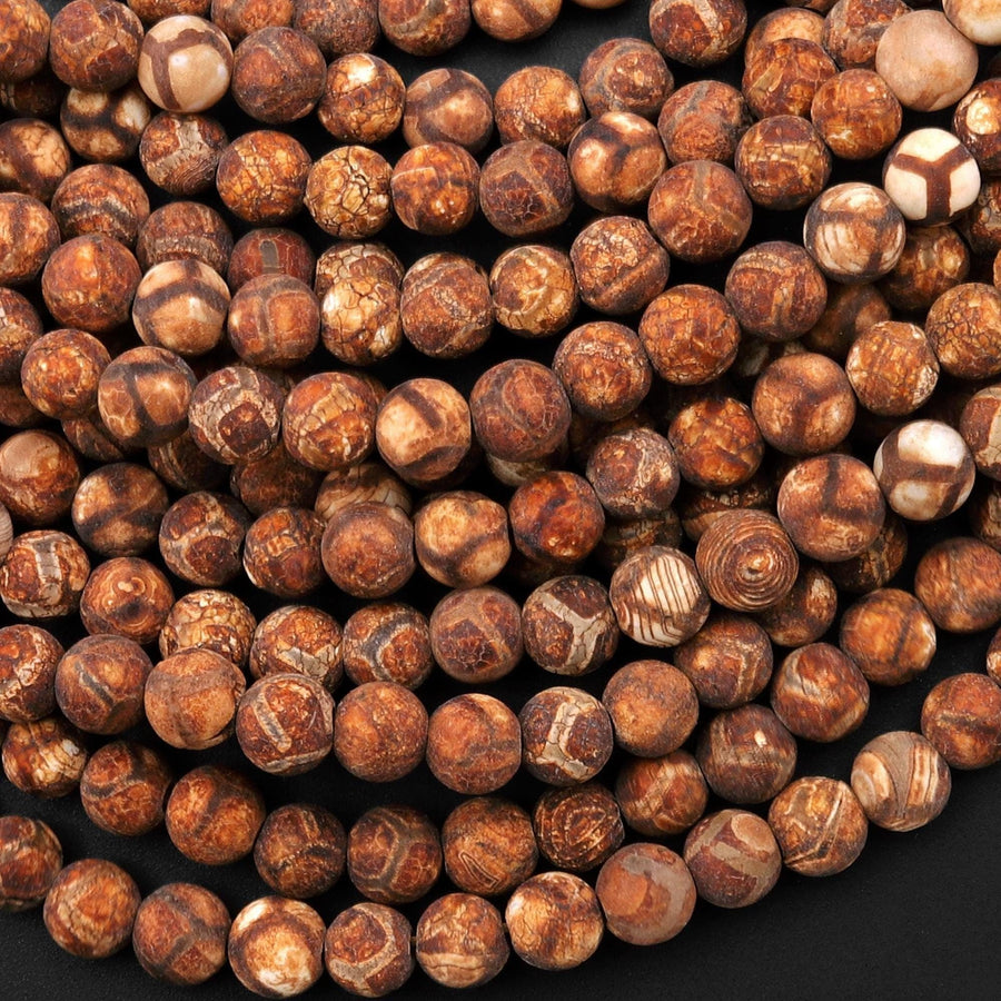 Tibetan Agate 6mm Round Beads Dzi Agate Soccer Ball Pattern Brown Etched Line Matte Mala Antique Boho Style 15.5" Strand