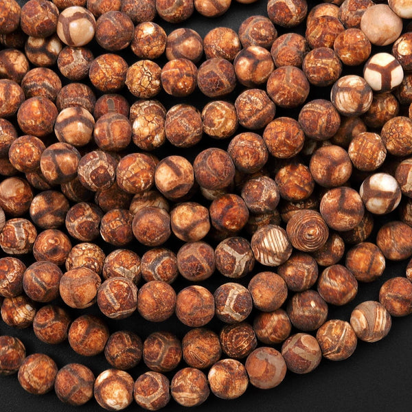 Tibetan Agate 6mm Round Beads Dzi Agate Soccer Ball Pattern Brown Etched Line Matte Mala Antique Boho Style 15.5" Strand