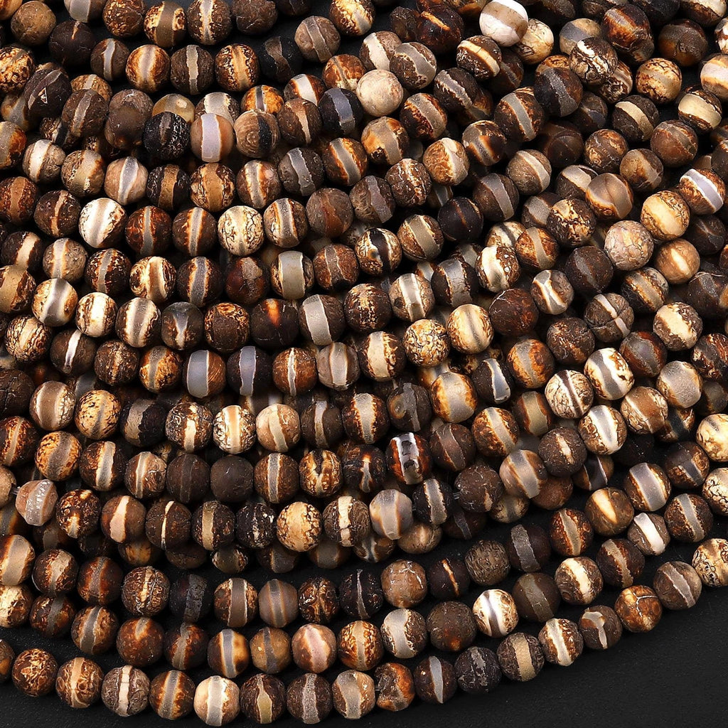 Tibetan Agate 4mm 6mm Round Beads Dzi Agate Brown Etched Line Matte Mala Antique Boho Style 15.5" Strand