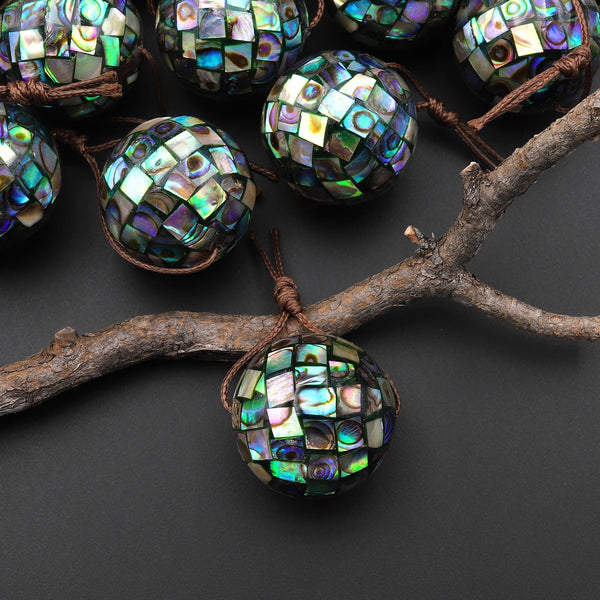 Large 20mm Hand Made Natural Abalone Shell Mosaic Round Focal Pendant Bead A1