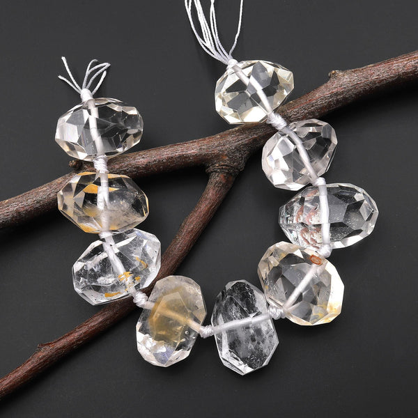 AAA Natural Rock Crystal Quartz W Golden Copper Matrix Freeform Faceted Large Focal Bead Nugget Super Clear Sparkling Gemstone 8" Strand