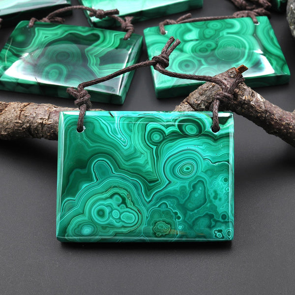 AAA Large 2 Hole Natural Malachite Rectangle Pendant A6