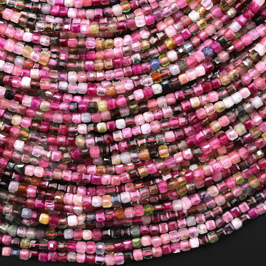 AAA Natural Fuchsia Pink Tourmaline Faceted 2mm Cube Beads Gemstone 15.5" Strand