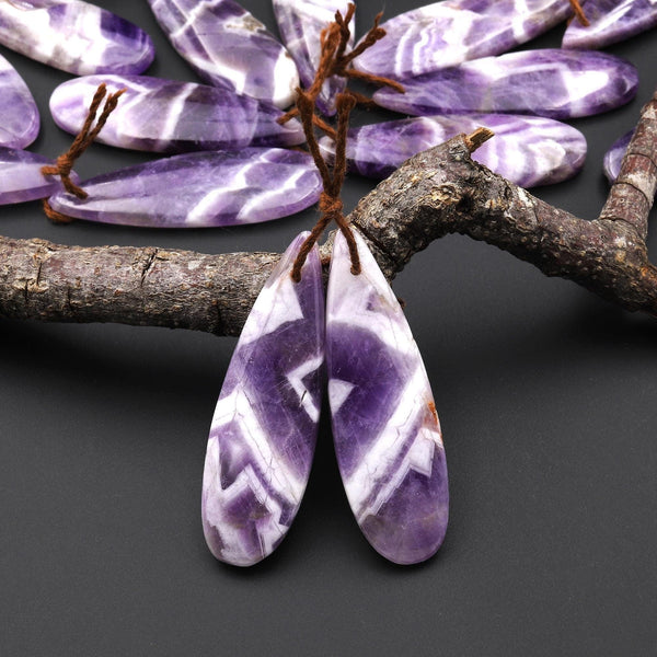 Natural Purple Chevron Amethyst W/ White Stripes Earring Pair Teardrop Matched Gemstone Beads A3