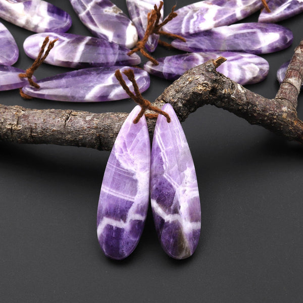 Natural Purple Chevron Amethyst W/ White Stripes Earring Pair Teardrop Matched Gemstone Beads A7