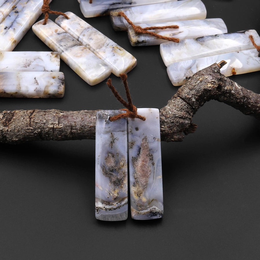 Natural Madagascar Picture Agate Earring Pair Drilled Matched Rectangle Gemstone Beads