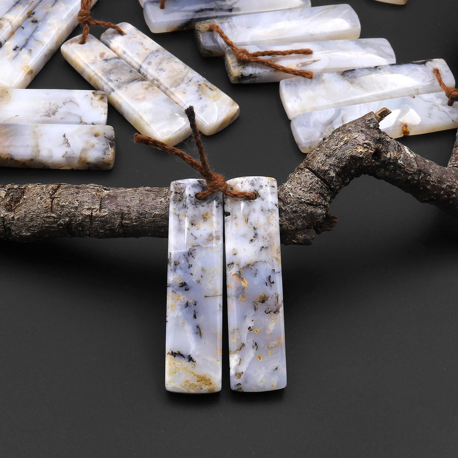 Natural Madagascar Picture Agate Earring Pair Drilled Matched Rectangle Gemstone Beads