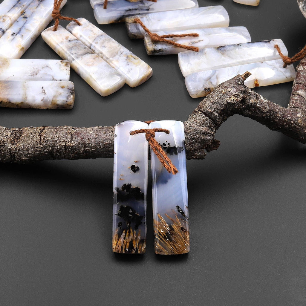 Rare Natural Turkish Needle Agate Earring Pair Drilled Matched Rectangle Gemstone Beads A2