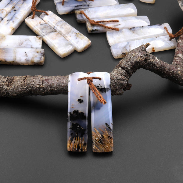 Rare Natural Turkish Needle Agate Earring Pair Drilled Matched Rectangle Gemstone Beads A2