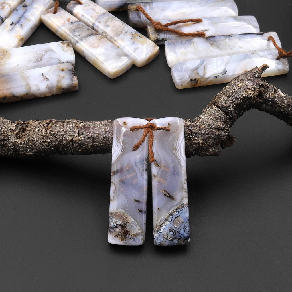 Natural Madagascar Picture Agate Earring Pair Drilled Matched Rectangle Gemstone Beads A1