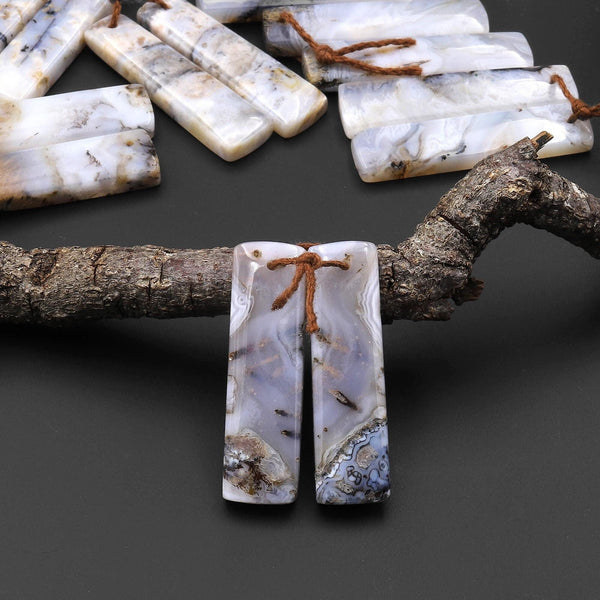 Natural Madagascar Picture Agate Earring Pair Drilled Matched Rectangle Gemstone Beads A1