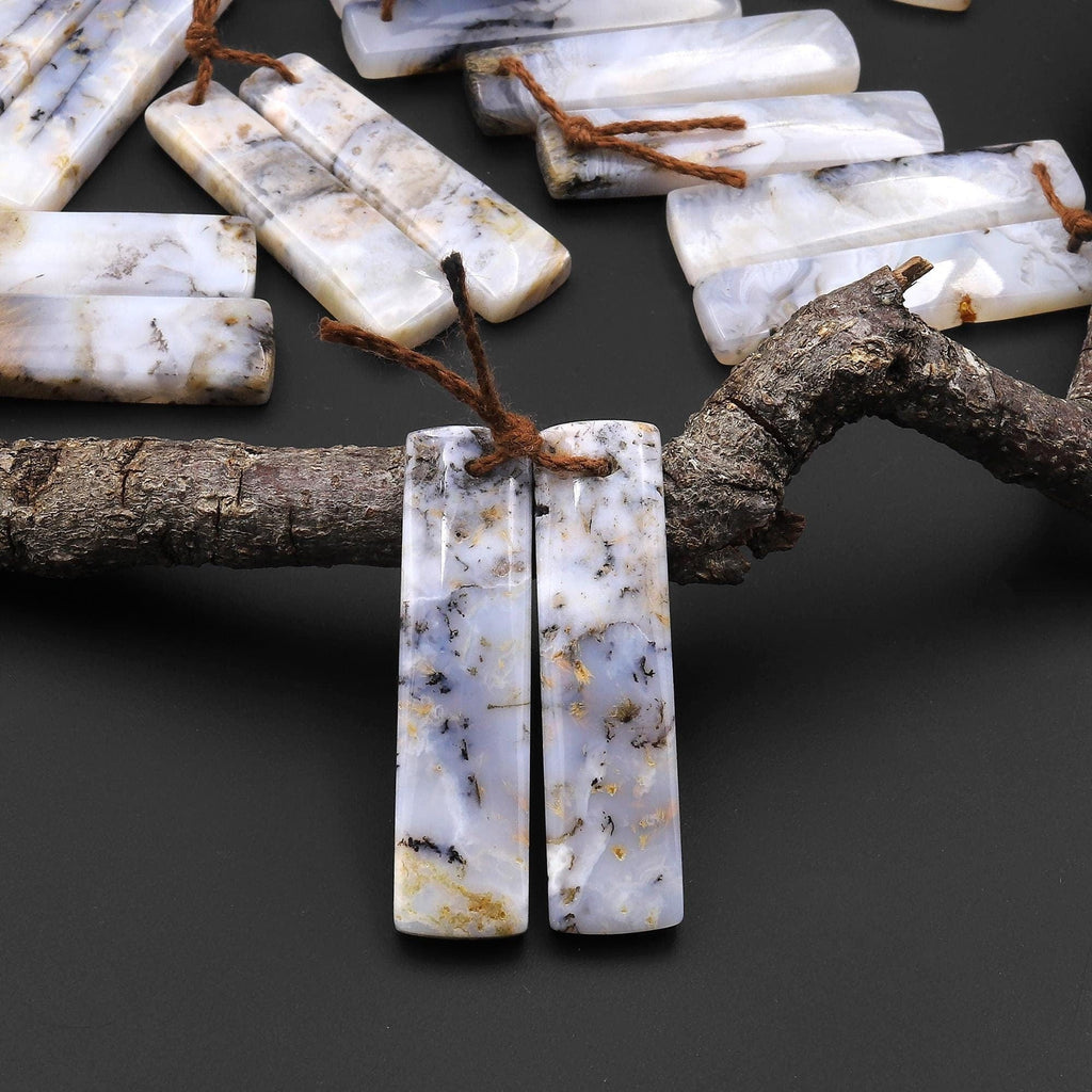 Natural Madagascar Picture Agate Earring Pair Drilled Matched Rectangle Gemstone Beads A4