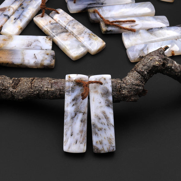 Rare Natural Turkish Needle Agate Earring Pair Drilled Matched Rectangle Gemstone Beads A55