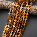 Natural Tiger's Eye Cross Beads 10mm Vertically Drilled Gemstone 15.5" Strand