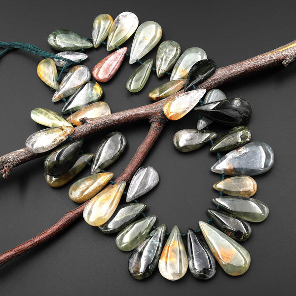 Natural Phantom Quartz Smooth Teardrop Focal Pendant Beads Top Side Drilled Natural Golden Green Green Gemstone 16" Strand