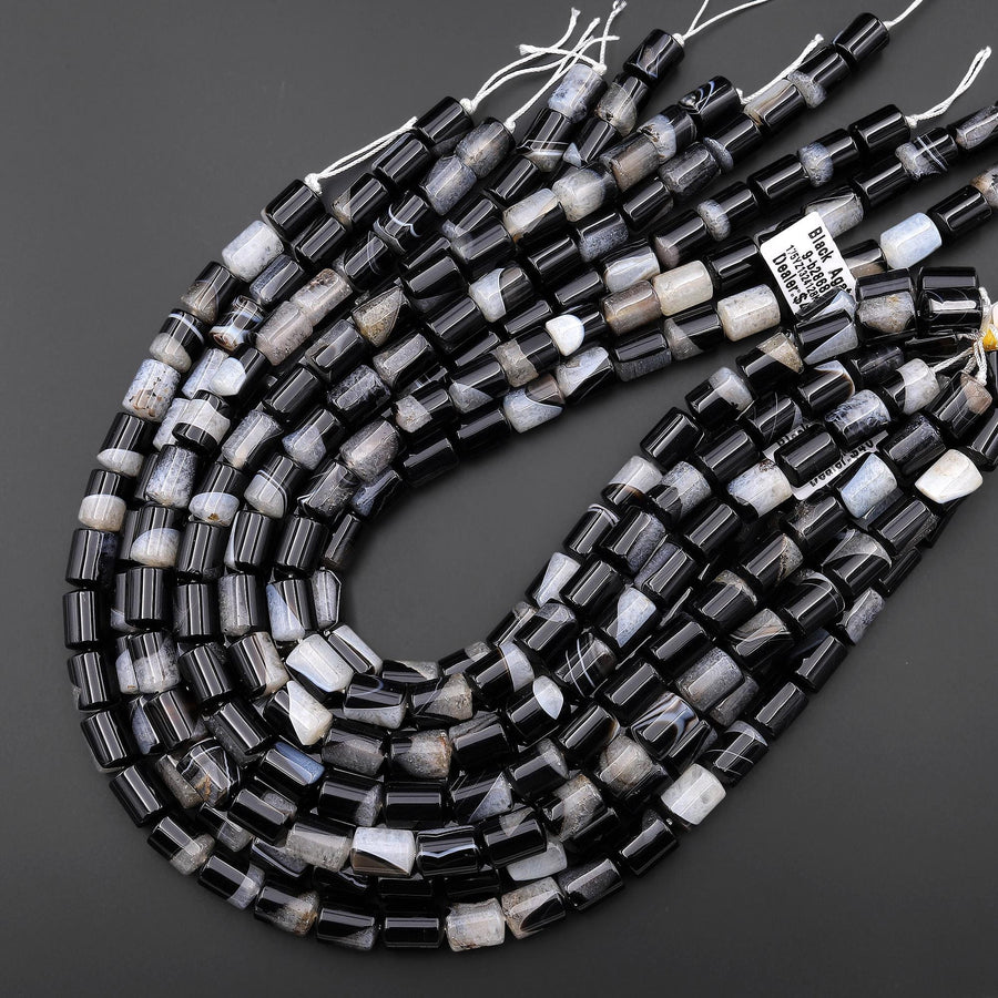 Natural Black Tuxedo Agate Smooth Tube Cylinder Beads W/ White Quartz Matrix 15.5" Strand