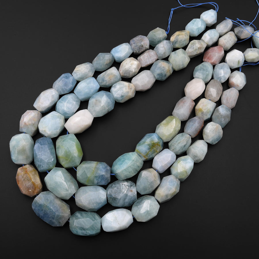 Large Faceted Natural Blue Aquamarine Chunky Nugget Gemstone Beads 17" Strand