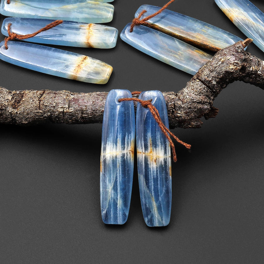 Natural Argentina Lemurian Aquatine Blue Calcite Long Drum Rectangle Earring Matched Gemstone Bead Pair