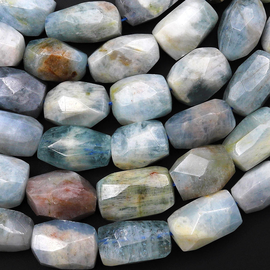 Faceted Natural Aquamarine Rectangle Nugget Beads Hand Cut Gemstone 16" Strand