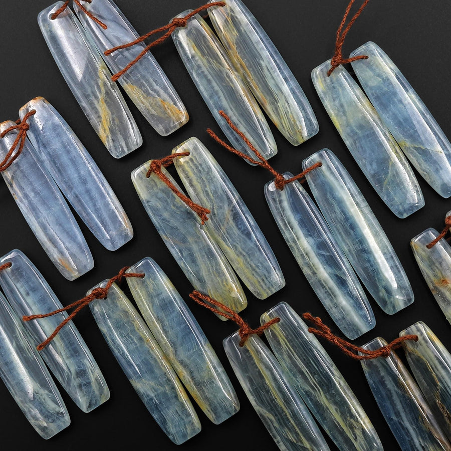 Natural Argentina Lemurian Aquatine Blue Calcite Curved Rectangle Earring Matched Translucent Light Blue Gemstone Bead Pair