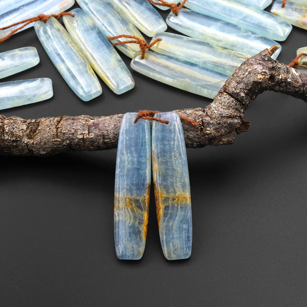 Natural Argentina Lemurian Aquatine Blue Calcite Curved Rectangle Earring Matched Translucent Light Blue Gemstone Bead Pair A2
