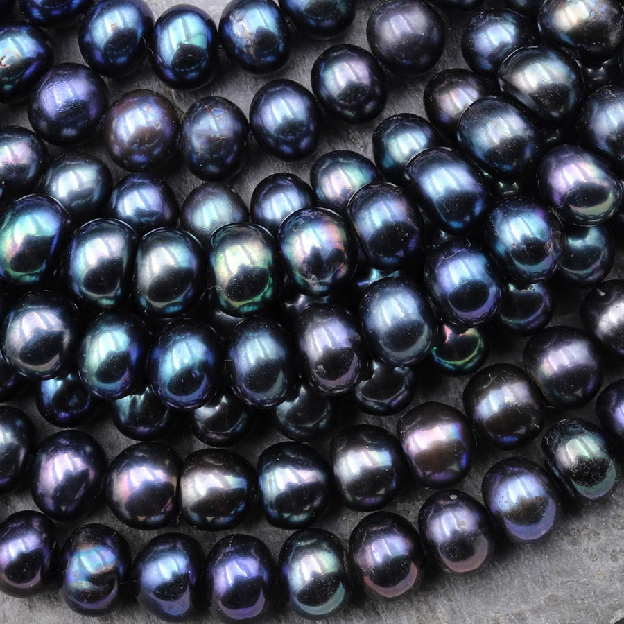 Peacock Off Round Rondelle Pearls 7mm 8mm Brilliant Dark Blue Green Purple Iridescence Real Genuine Freshwater Pearl 15.5" Strand