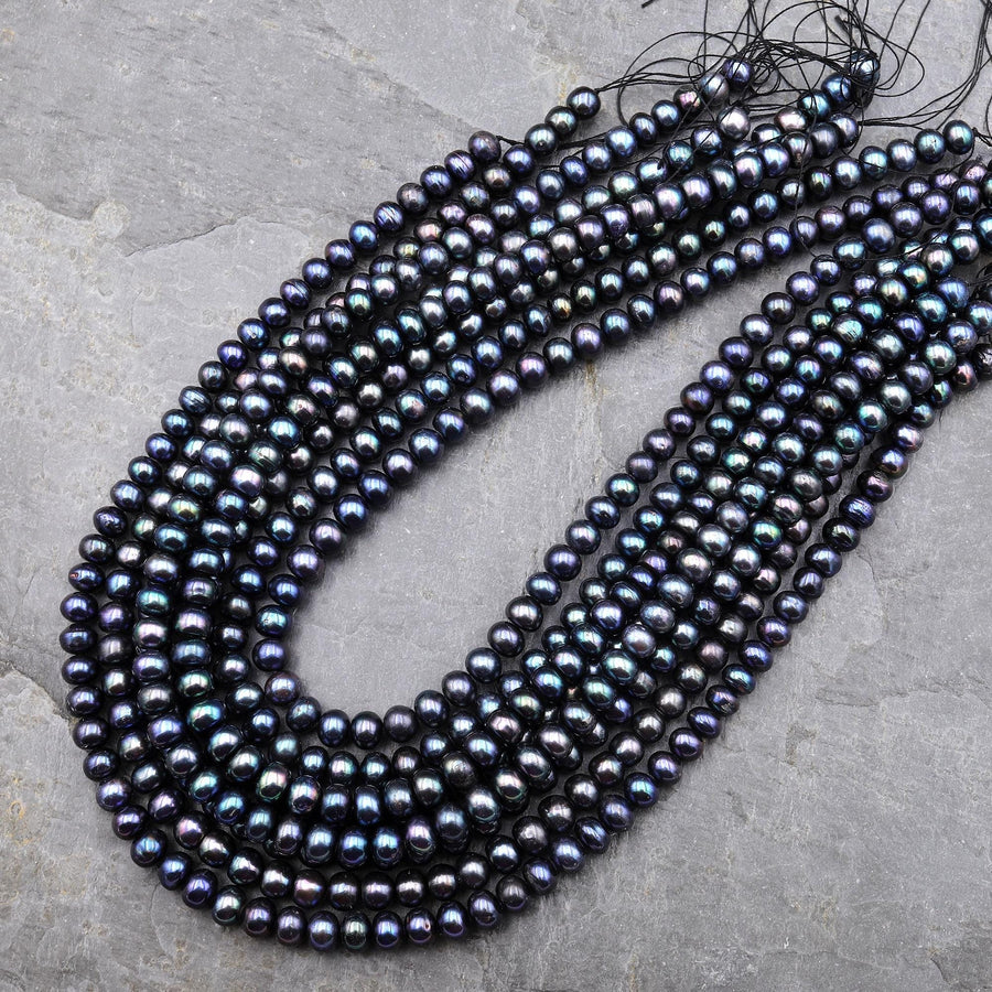 Peacock Off Round Rondelle Pearls 7mm 8mm Brilliant Dark Blue Green Purple Iridescence Real Genuine Freshwater Pearl 15.5" Strand