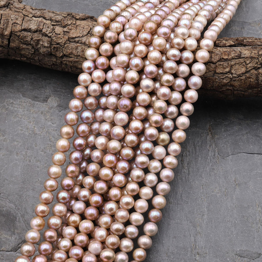 Genuine Natural Golden Peach Pink Mauve Freshwater Pearl 8mm Round Shimmery Iridescent Classic Pearl 15.5" Strand