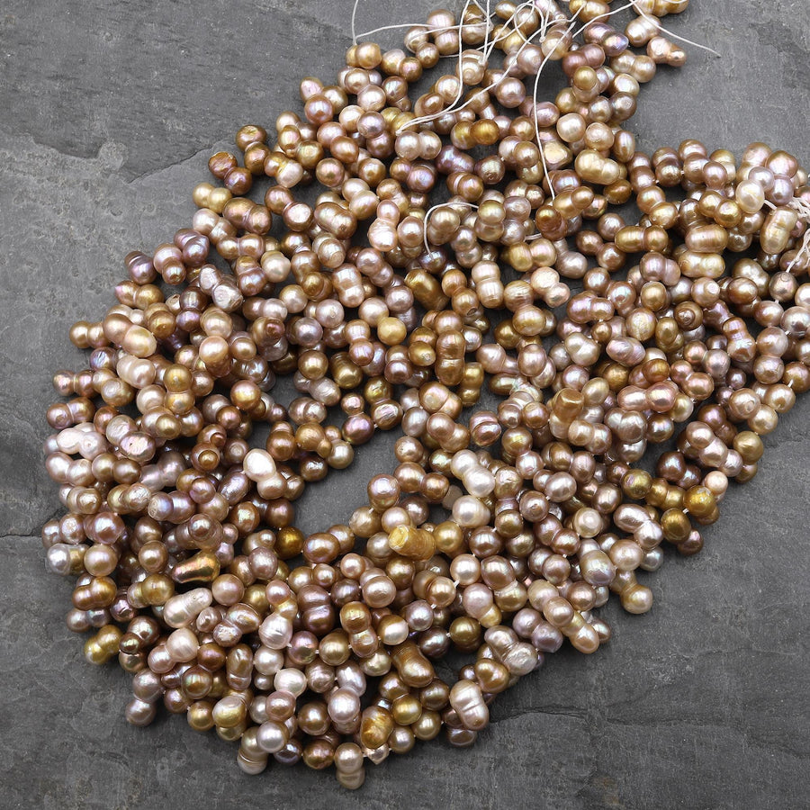 Rare Genuine Natural Golden Mauve Pink Freshwater Twin Baroque Pearl Top Side Drilled 15.5" Strand