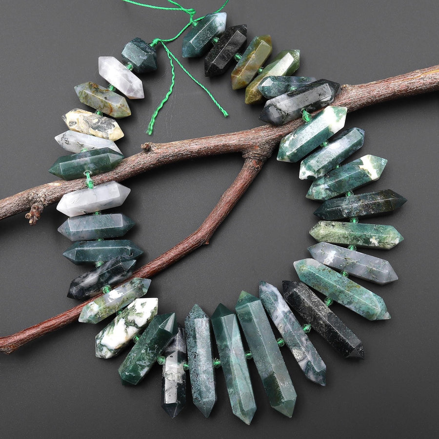 Faceted Double Terminated Natural Green Moss Agate Point Center Drilled Focal Pendant Bead 15.5" Strand