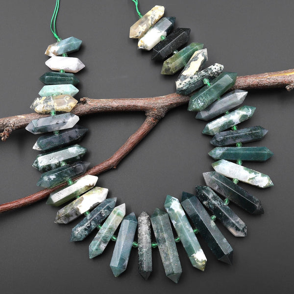 Faceted Double Terminated Natural Green Moss Agate Point Center Drilled Focal Pendant Bead 15.5" Strand A1