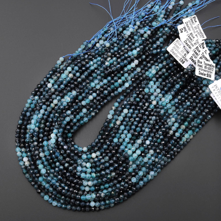 Natural Paraiba Blue Tourmaline Faceted 3mm 4mm Round Beads Gradient Indicolite Gemstone 15.5" Strand