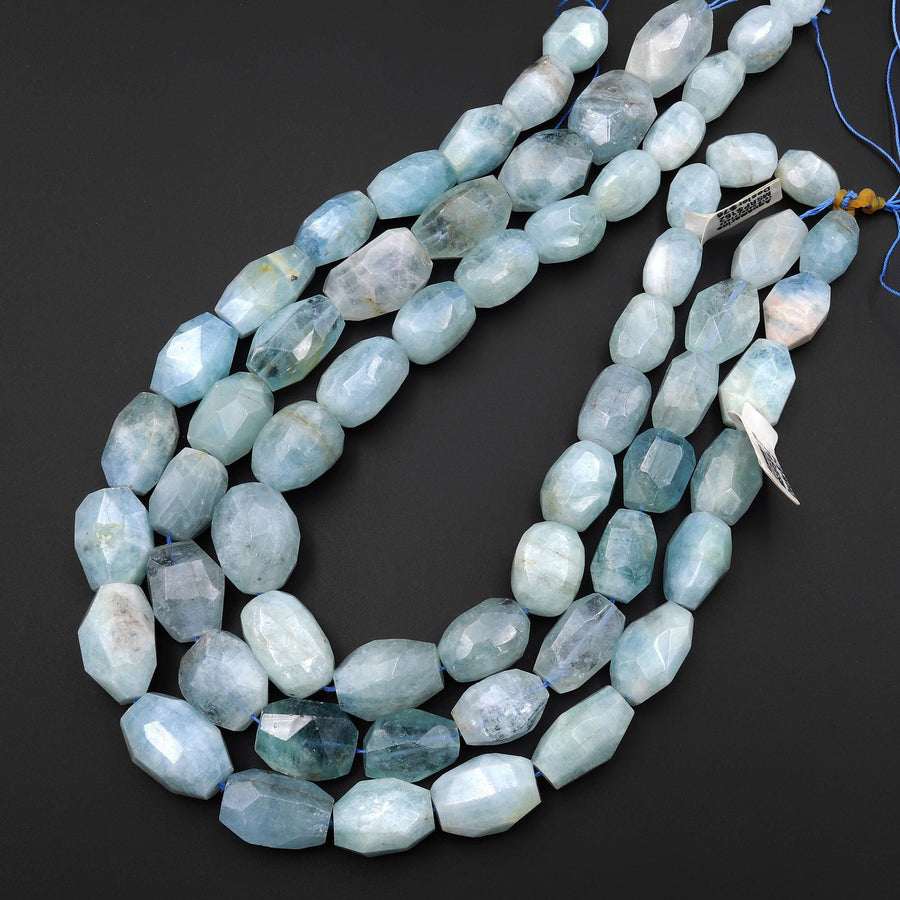 Translucent Faceted Natural Blue Aquamarine Nugget Gemstone Beads 16.5" Strand