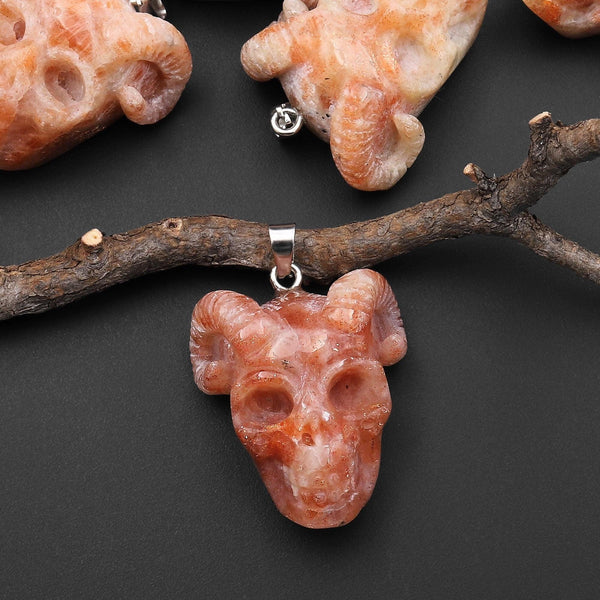 Hand Carved Natural Sunstone Goat Horn Skull Pendant A3