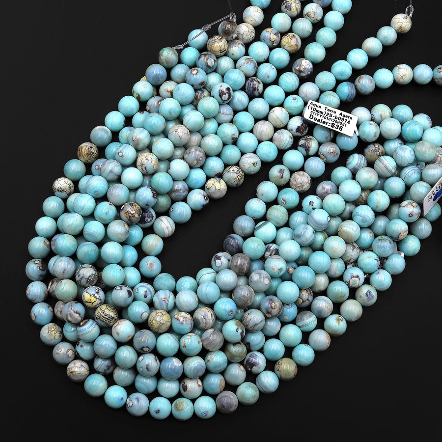 Seafoam Blue Aqua Terra Agate 10mm Round Beads Aka Dragon's Eye 15" Strand