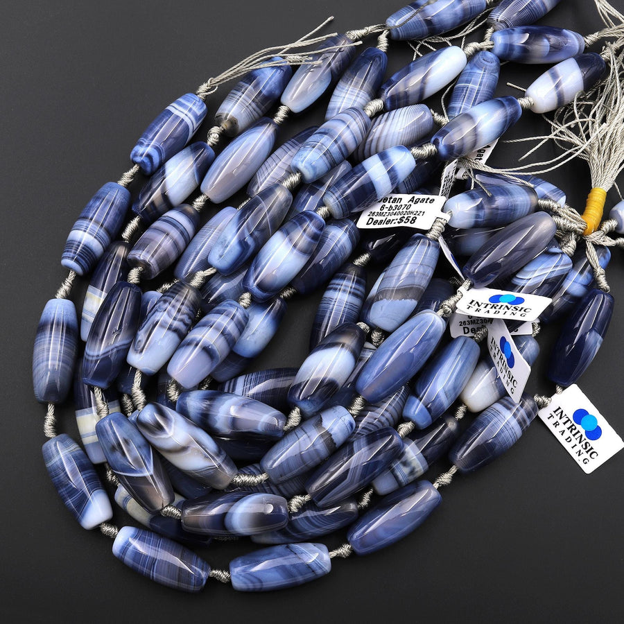 Large Gray Blue Tibetan Dzi Agate Barrel Drum Cylinder Tube 30mm Beads Amazing Veins Bands 14" Strand