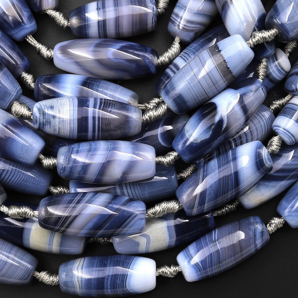 Large Gray Blue Tibetan Dzi Agate Barrel Drum Cylinder Tube 30mm Beads Amazing Veins Bands 14" Strand