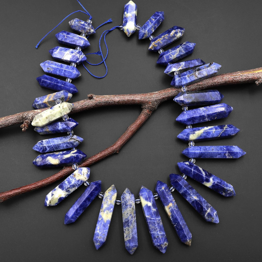 Natural Denim Blue Sodalite Faceted Double Terminated Points Long Side Drilled Gemstone Pendant Beads 15.5" Strand A2