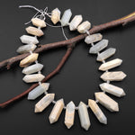 Natural Creamy Gray White Moonstone Faceted Double Terminated Point Top Side Drilled Focal Pendant Beads 15.5" Strand