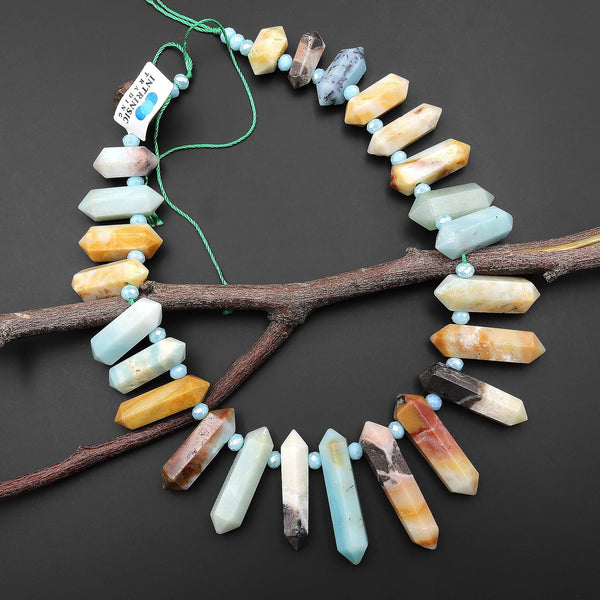 Double Terminated Natural Amazonite Points Top Side Drilled Focal Pendant Beads 15.5" Strand A1