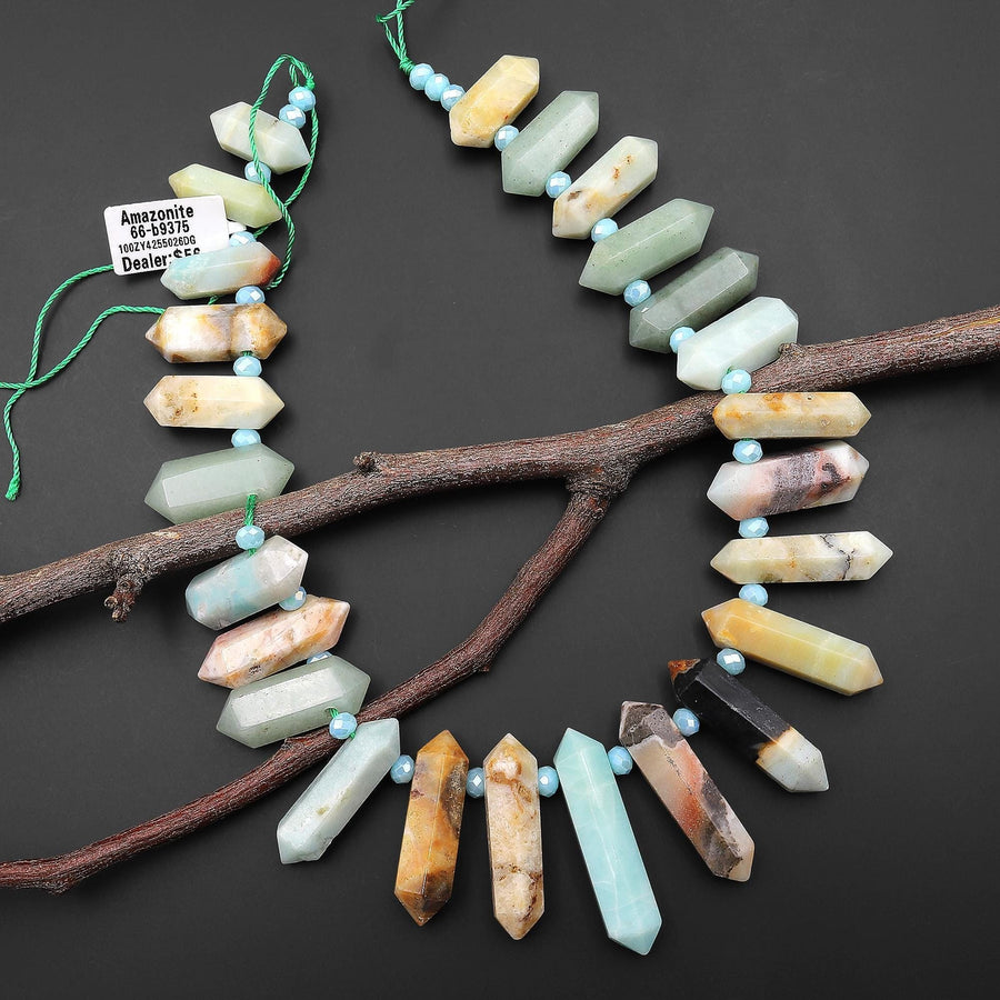 Double Terminated Natural Amazonite Points Top Side Drilled Focal Pendant Beads 15.5" Strand