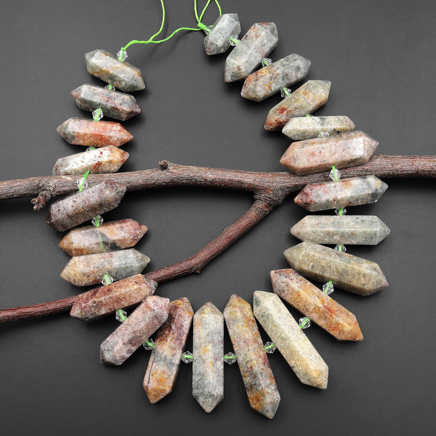 Large Natural Phantom Lodalite Quartz Beads Double Terminated Points Center Drilled Healing Natural Crystal 15.5" Strand