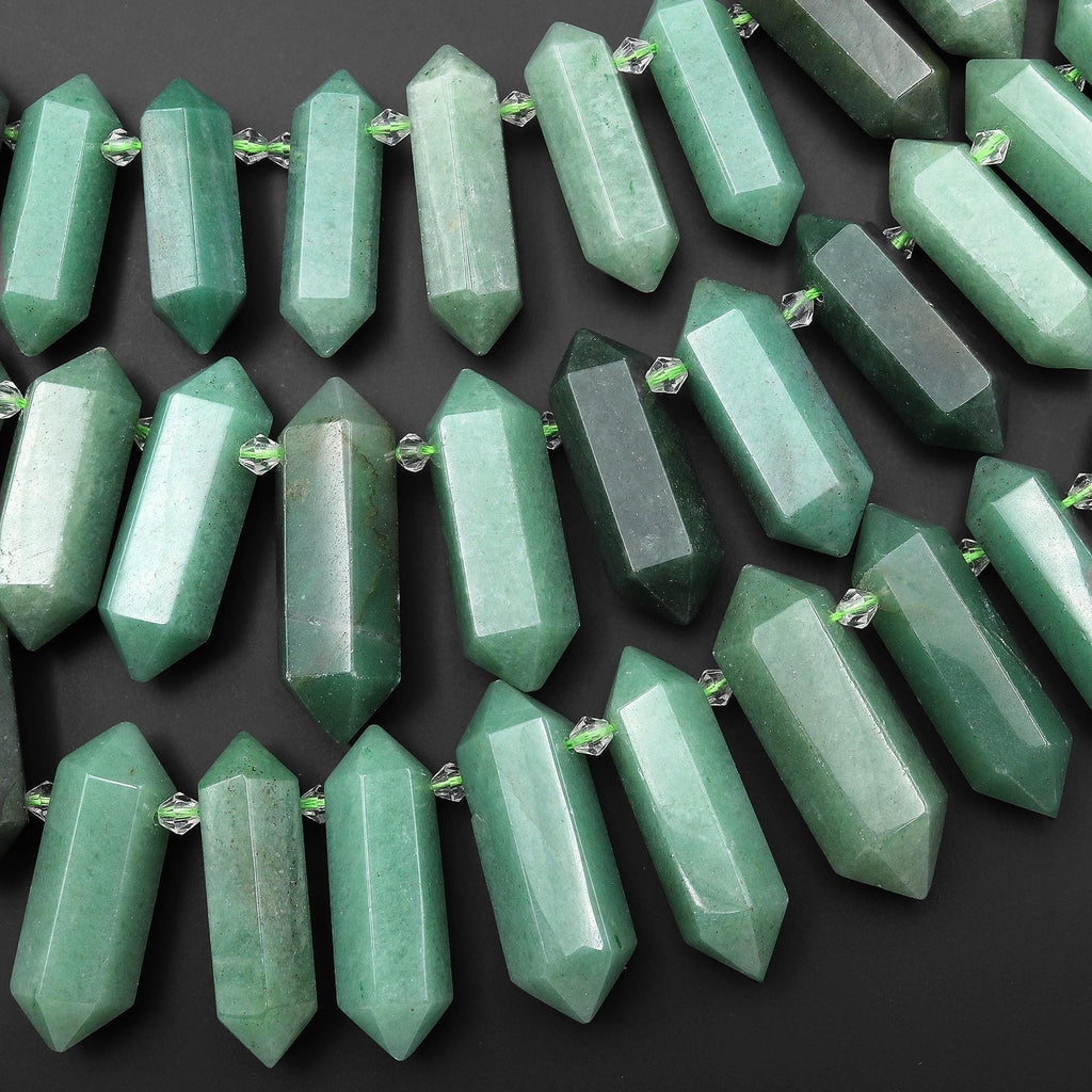 Natural Green Aventurine Beads Double Terminated Points Top Side Drilled Healing Natural Crystal 15.5" Strand