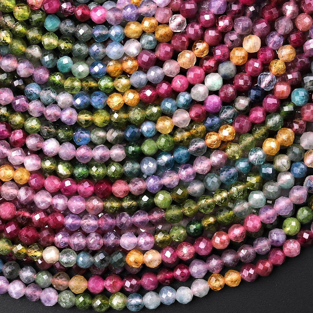 AAA Natural Watermelon Tourmaline Faceted 3mm 4mm Round Multicolor Lilac Purple Fuchsia Pink Blue Yellow Green Gemstone Beads 15.5" Strand