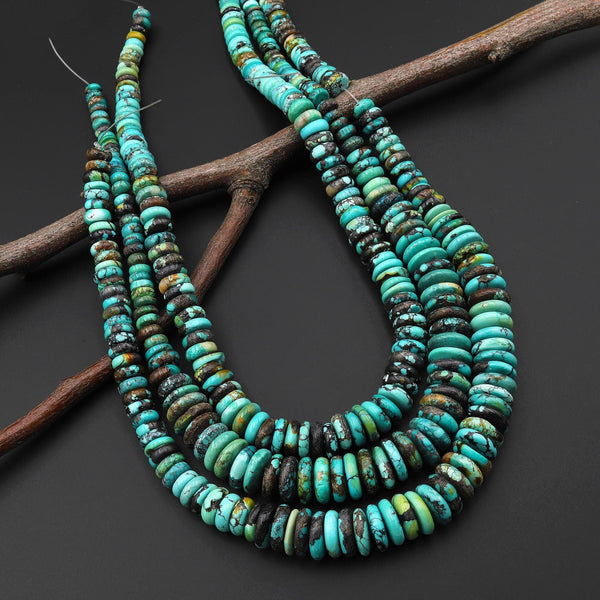 Genuine Natural Blue Green Dragon Skin Turquoise Graduated Smooth Rondelle Beads 16" Strand