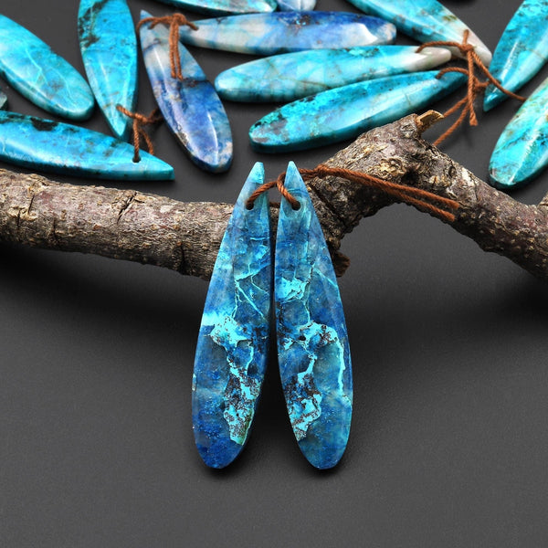 Natural Blue Green Azurite Chrysocolla Teardrop Earring Pair Matched Drilled Cabochon Gemstone Beads A6
