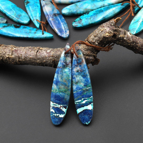 Natural Blue Green Azurite Chrysocolla Teardrop Earring Pair Matched Drilled Cabochon Gemstone Beads A14