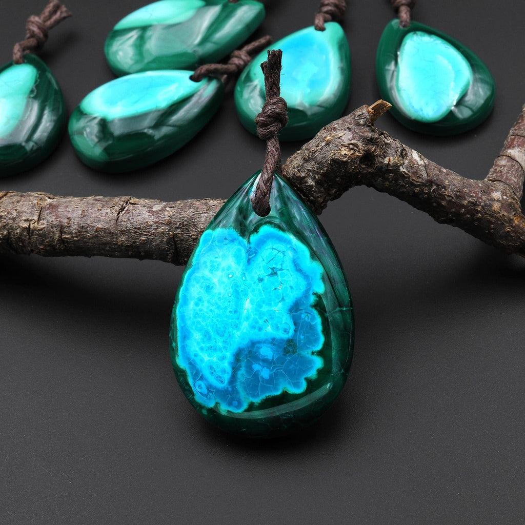 Extremely Rare Natural Blue Chrysocolla Green Malachite Teardrop Pendant A6