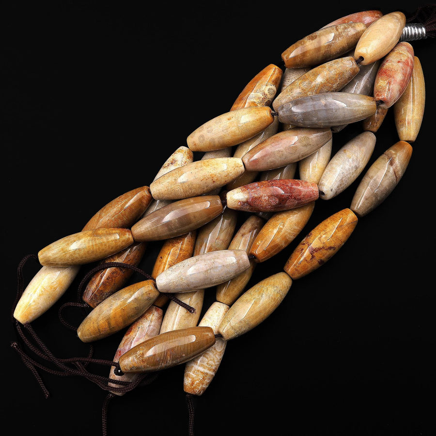 AAA Large Hole Beads Natural Fossil Coral Smooth Long Drum Barrel Beads 40mm Golden Brown Beige Tan Yellow Gemstone 8"